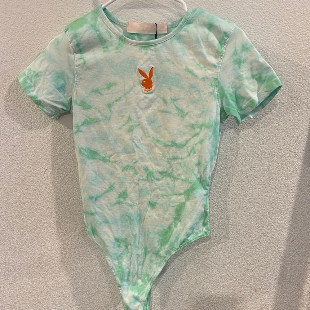 PLAYBOY Green and White Tie-Dye Bodysuit